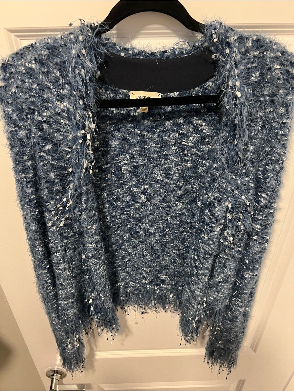 L'AGENCE Blue Textured Fringe Tweed Jacket - Picture 4 of 8